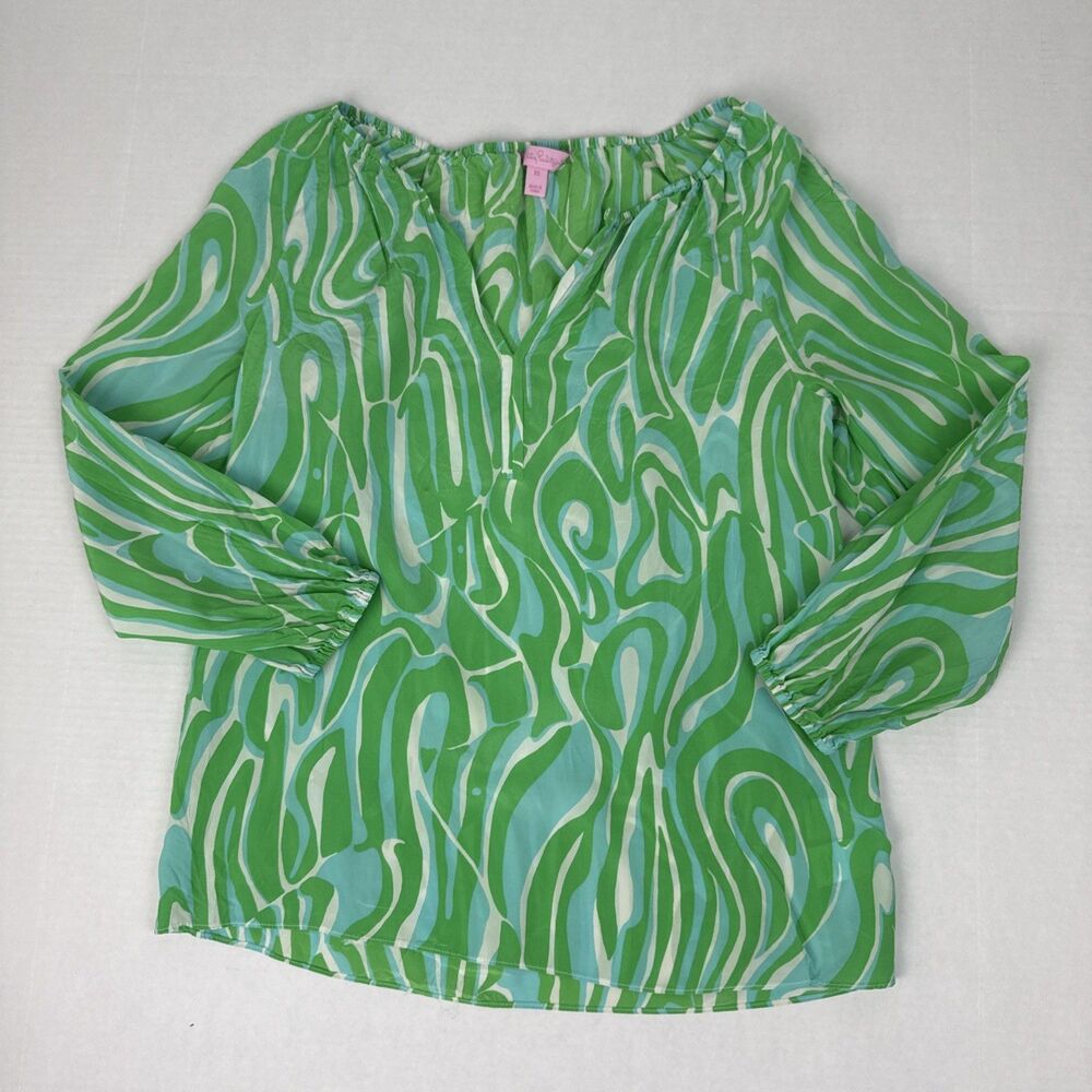 Lily Pulitzer Silk Blouse Women’s Blue Green White Balloon Sleeve Size XS